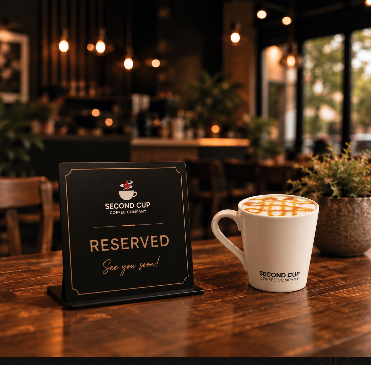 A welcoming Second Cup table with coffee and a reserved sign