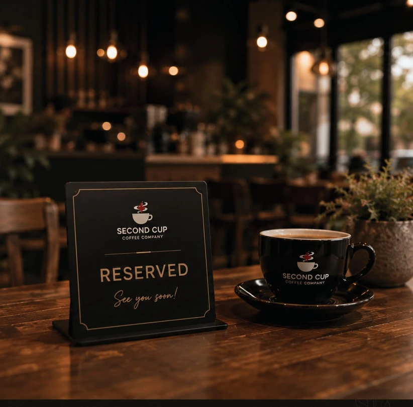 A welcoming Second Cup table with coffee and a reserved sign